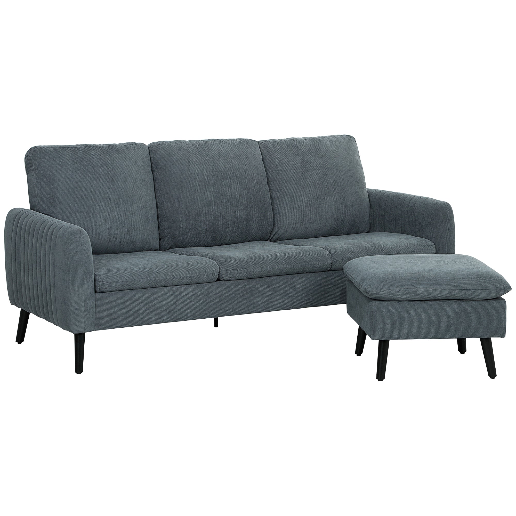 HOMCOM 3 Seater Sofa with Ottoman, 196cm Corduroy L-shaped Sofa Couch with Scatter Back, Reversible Chaise Lounge for Living Room, Home Office, Small Spaces, Charcoal Grey